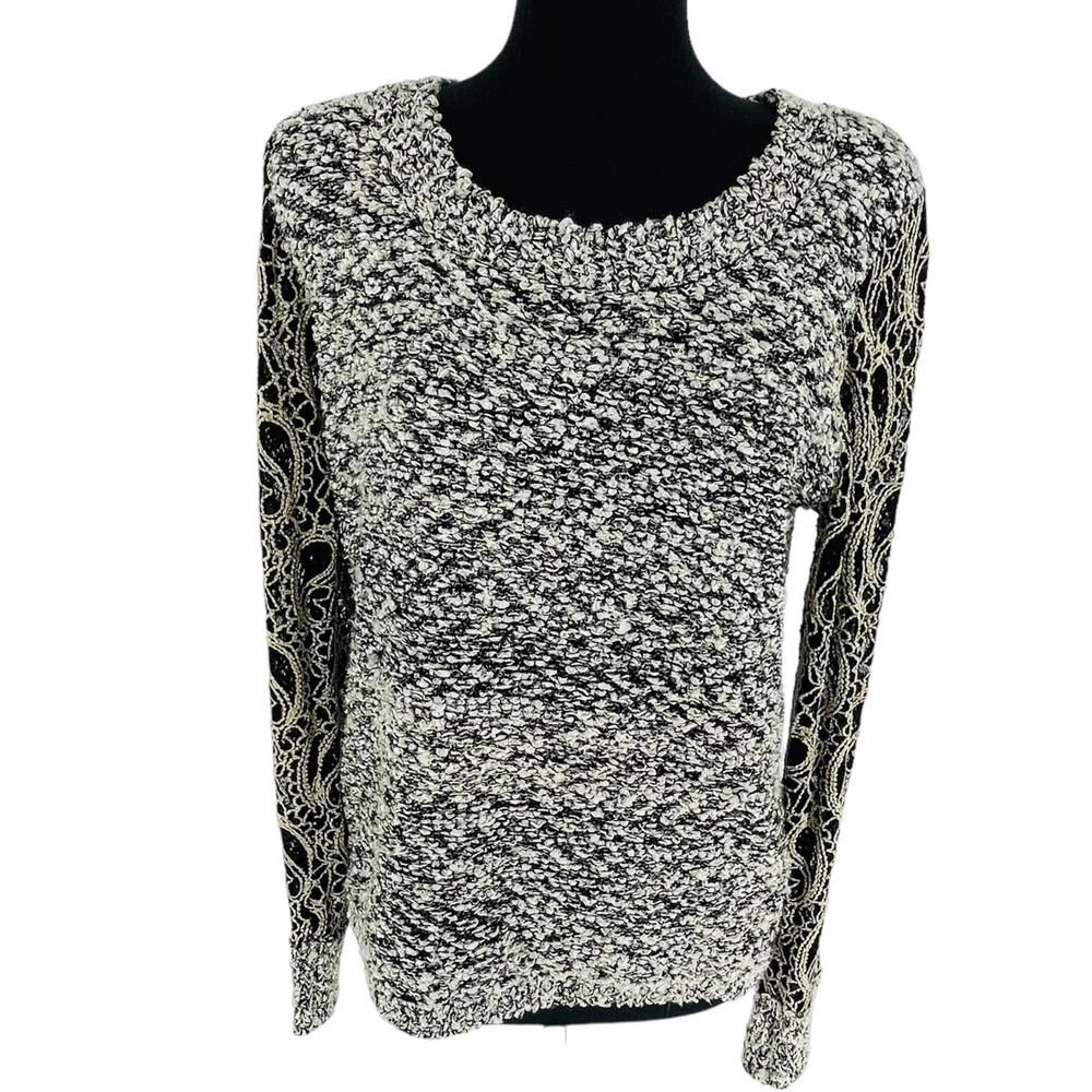 Lola B Womans L Chunky Knit Sweater Sheer Mesh Embroidered Sleeves Black Taupe